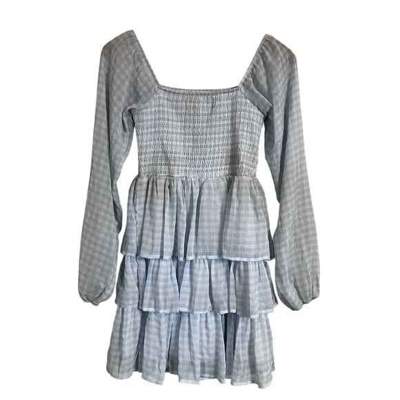 Madden NYC Babydoll Sky Blue Gingham Tiered Ruffle Dress - Picture 3 of 11